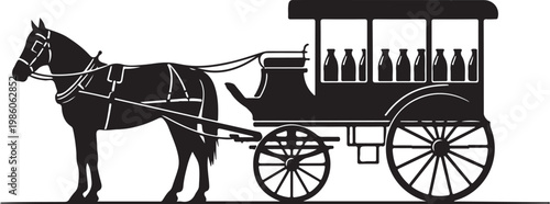 Black horse drawn carriage, vintage transportation, silhouette vector, horse and buggy, tourist ride