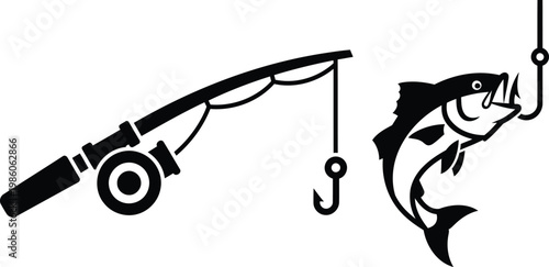 Fishing rod with reel and hook catching a fish  recreational fishing equipment