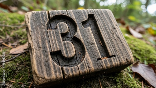 Weathered Wooden Block With Number 31 In Forest Setting