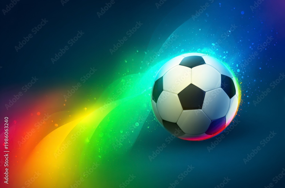 Naklejka premium A black and white soccer ball moves swiftly against a background of dynamic, colorful light trails. It symbolizes the thrilling energy for World Cup 2026 in Mexico, USA, and Canada.