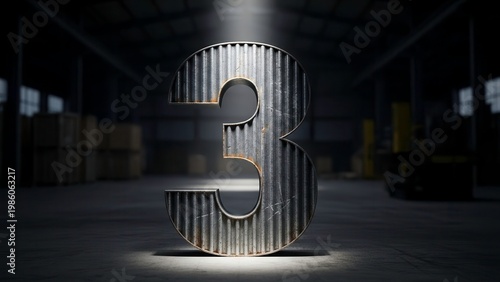 Industrial Corrugated Metal Number 3 in Dark Warehouse with Dramatic Spotlight