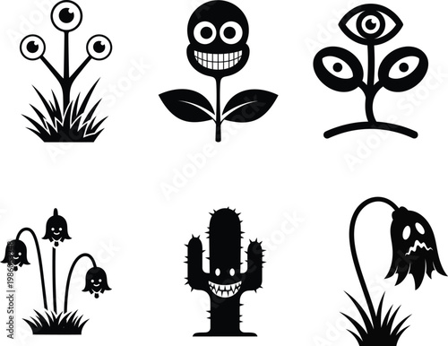 set of cartoon plants and flowers with faces  funny black silhouettes