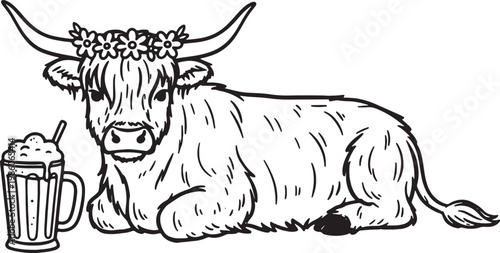 Charming black and white illustration of a Highland cow wearing a flower crown and enjoying a frothy drink
