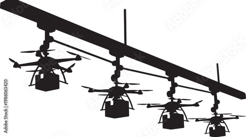 Black helicopter silhouettes, hanging helicopters, industrial lighting fixtures, modern decor
