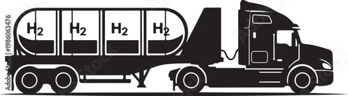 Hydrogen truck, H2 fuel tanker, vector illustration, black silhouette