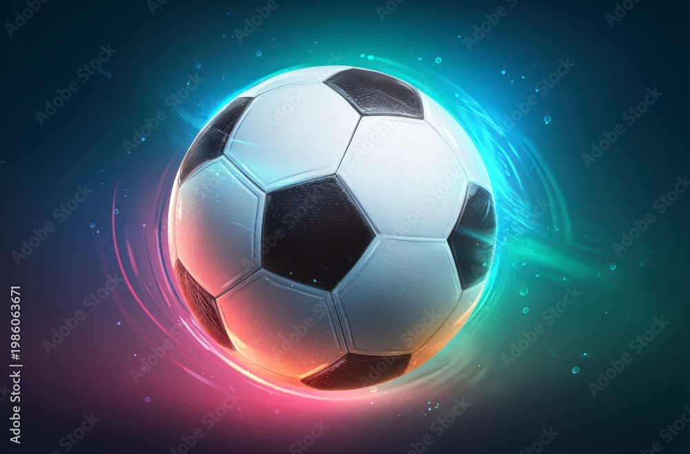 Naklejka premium A black and white soccer ball moves swiftly against a background of dynamic, colorful light trails. It symbolizes the thrilling energy for World Cup 2026 in Mexico, USA, and Canada.