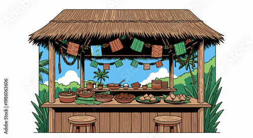 Tropical food stall with thatched roof, displaying various dishes and colorful banners