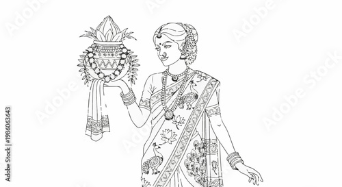 Woman in ornate sari holding a decorated pot, traditional attire, jewelry