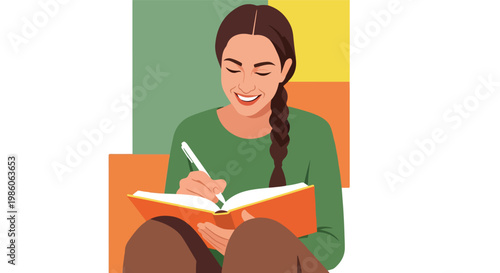 A smiling woman with a braid writing in an orange notebook against color blocks