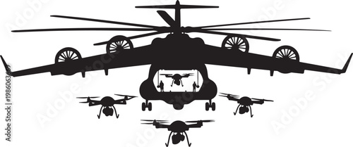 Black helicopter, military helicopter, drone silhouettes, aircraft icons, vector graphics