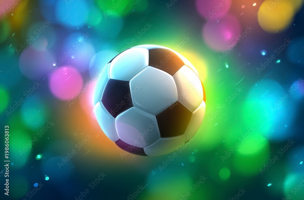 Naklejka premium A black and white soccer ball moves swiftly against a background of dynamic, colorful light trails. It symbolizes the thrilling energy for World Cup 2026 in Mexico, USA, and Canada.