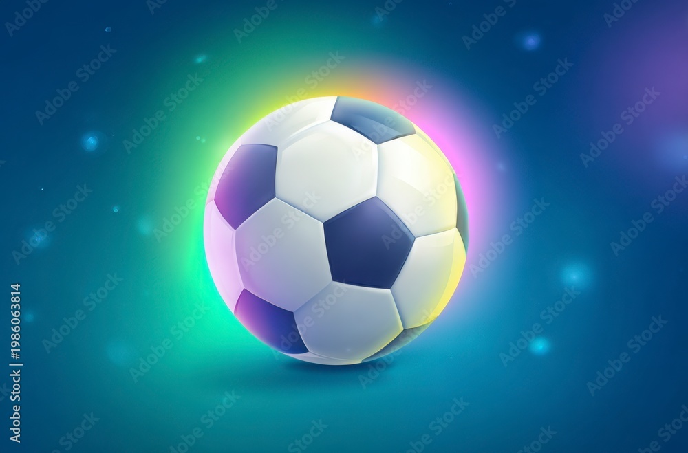 Naklejka premium A black and white soccer ball moves swiftly against a background of dynamic, colorful light trails. It symbolizes the thrilling energy for World Cup 2026 in Mexico, USA, and Canada.