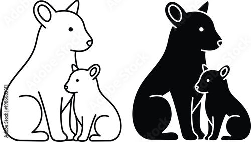 Mother and baby bear silhouettes and line art illustrations in white and black sitting side by side