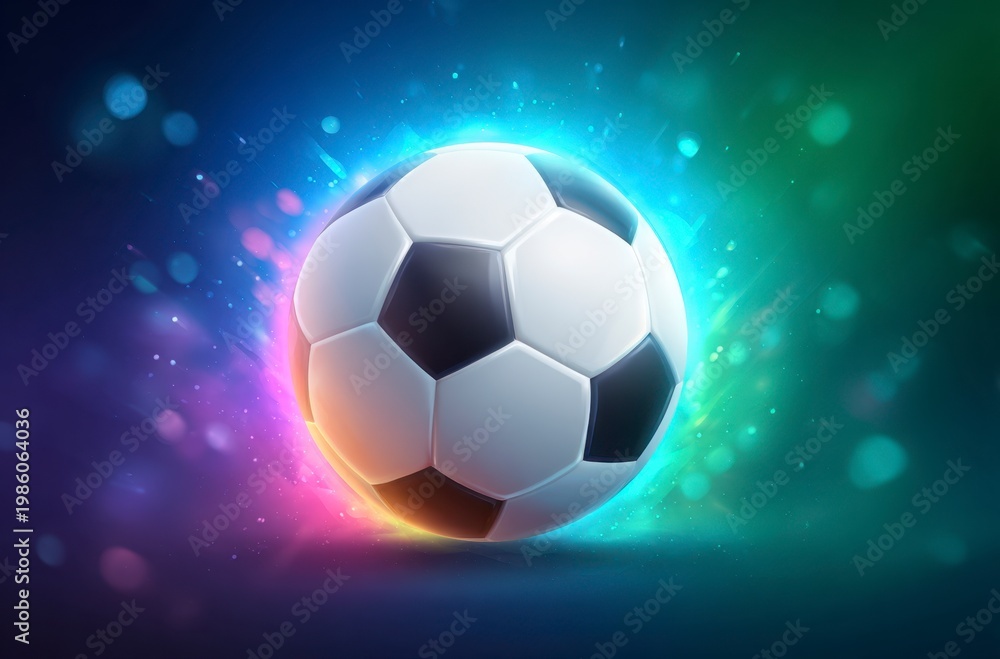 Naklejka premium A black and white soccer ball moves swiftly against a background of dynamic, colorful light trails. It symbolizes the thrilling energy for World Cup 2026 in Mexico, USA, and Canada.