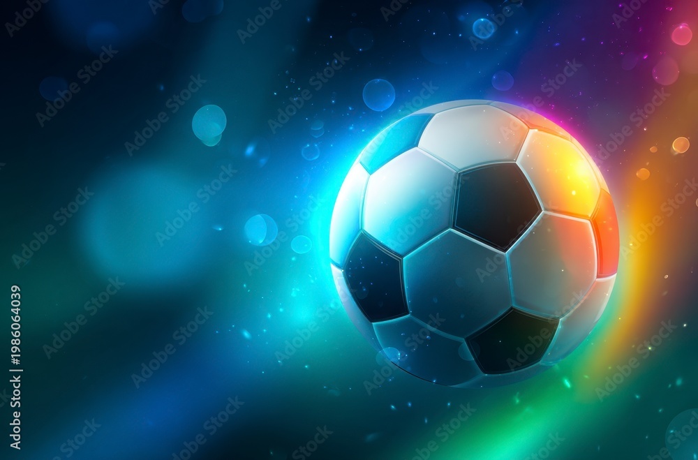 Fototapeta premium A black and white soccer ball moves swiftly against a background of dynamic, colorful light trails. It symbolizes the thrilling energy for World Cup 2026 in Mexico, USA, and Canada.