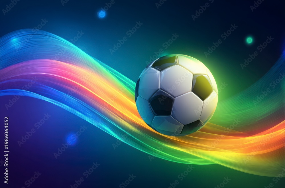 Fototapeta premium A black and white soccer ball moves swiftly against a background of dynamic, colorful light trails. It symbolizes the thrilling energy for World Cup 2026 in Mexico, USA, and Canada.