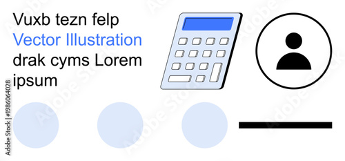 Business tools, identity, corporate set, user interface, account management, graphic design. Includes a calculator icon, person avatar abstract circles and line. Business tools and identity concept