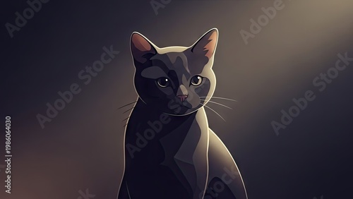 A sleek black cat with piercing eyes sits in a dark room with a spotlight shining down.