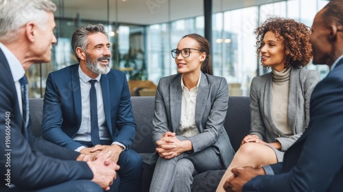 Diverse group of professionals engaging in a relaxed business discussion on a modern sofa