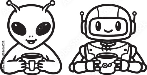 Cute cartoon alien and robot characters enjoying a warm beverage together in simple line art style