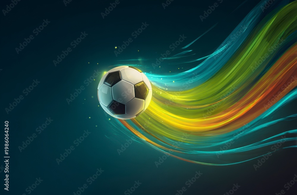Fototapeta premium A black and white soccer ball moves swiftly against a background of dynamic, colorful light trails. It symbolizes the thrilling energy for World Cup 2026 in Mexico, USA, and Canada.