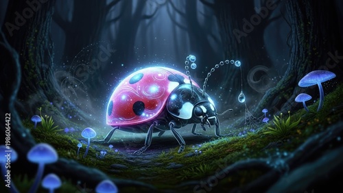 A glowing ladybug walks through a mystical forest surrounded by tiny mushrooms