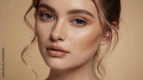 Close up portrait of beautiful young woman with natural makeup and smooth glowing skin