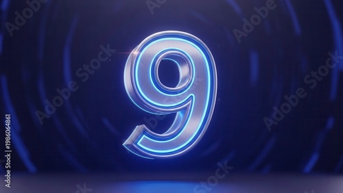 Futuristic Number 9 Metallic Digital Countdown Graphic with Blue Neon Glow