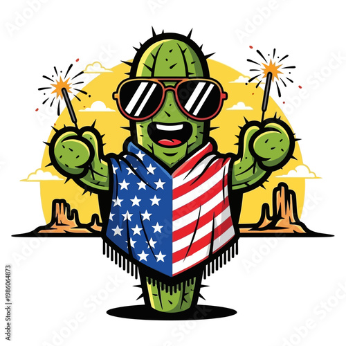 Patriotic cactus mascot wearing American flag poncho and sunglasses holding sparklers in desert vector illustration