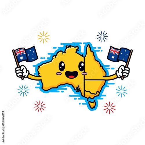 Cute kawaii Australia map mascot holding national flags celebrating with fireworks vector illustration
