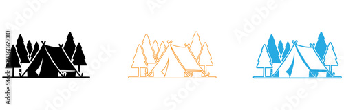Three stylized tents set against mountain silhouettes in different colors isolated on transparent background, Vector