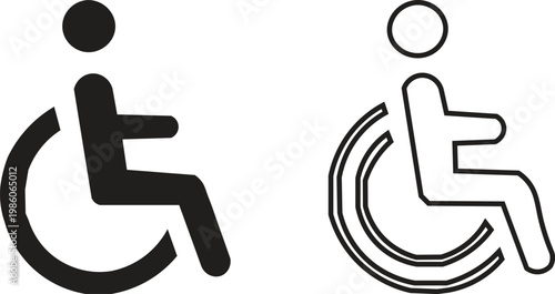 Disabled handicap wheelchair icons, accessibility symbol for public signage, black solid and outline person in wheelchair vector set
