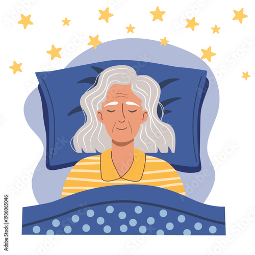 Senior woman sleeping in bed with stars in background. Aging person resting at night. Concept of peaceful sleep, relaxation, elderly healthcare and healthy bedtime routine. Vector illustration