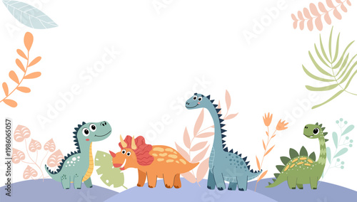 Cute funny dinosaurs in wild nature. Cartoon vector illustration of prehistoric reptile animals for nursery decor or kids party background design. Friendly creature character set.