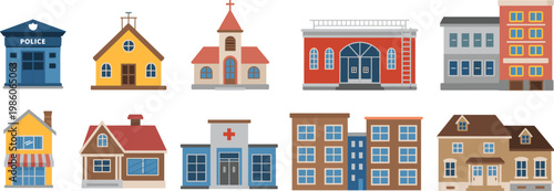 Public service and city buildings illustration set featuring police station, hospital, school, fire station, and residential architecture in flat design