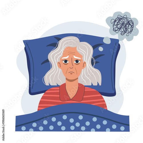 Senior woman suffering from insomnia lying in bed. Elderly person with anxiety and sleep disorder. Mental health concept of stress and headache at night. Vector illustration flat style.