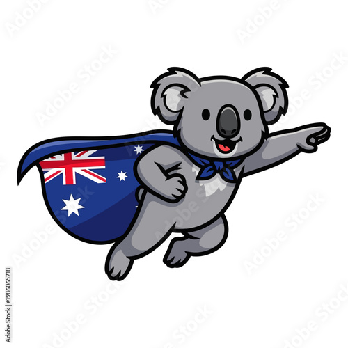 Superhero koala flying wearing an Australian flag cape vector illustration mascot for national events and tourism