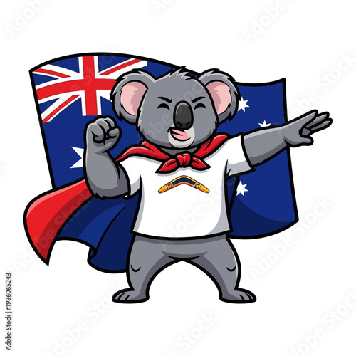 Patriotic superhero koala mascot striking a heroic pose in front of the Australian flag vector illustration