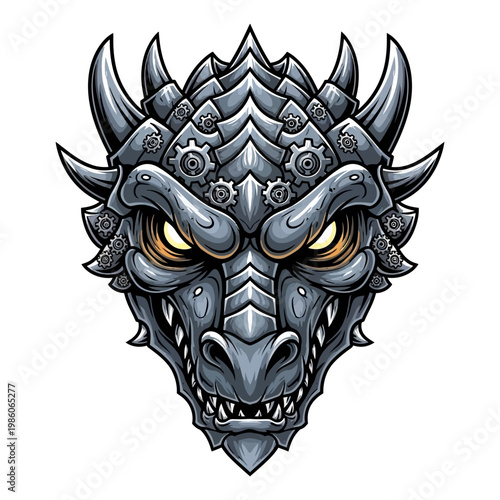 Mechanical dragon head vector illustration with steampunk gears and metallic armor for gaming mascot or logo design