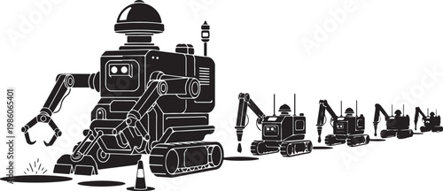 Industrial robot, excavator machines, construction equipment, black line icons