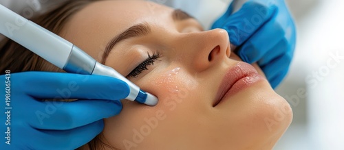 A female patient receives treatment at a beauty clinic. Actual procedure being done, with some mild redness in the skin.