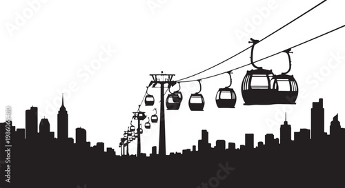 City skyline, cable car, urban landscape, black silhouette, transportation vector