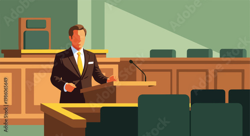 A man in a suit speaks from a wooden podium inside a courtroom during a trial