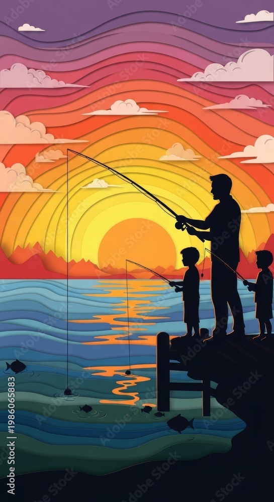 Fototapeta premium Father and children fishing silhouette at colorful sunset over water for father's day poster background and outdoor family scene design