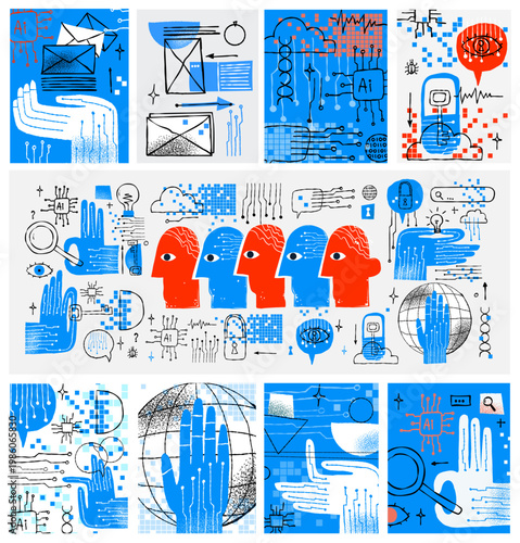 AI and future technology naive digital mind bold vector isolated cute illustrations of a robotic hand circuit board microchip key padlock cloud and email for sticker print and branding