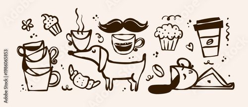 Whimsical hand-drawn vector doodle set featuring coffee lovers and bakery concepts. Creative naive art illustrations of caffeine energy, breakfast treats, and relaxation in a modern style.
