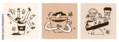 Whimsical hand-drawn vector doodle set featuring coffee lovers and bakery concepts. Creative naive art illustrations of caffeine energy, breakfast treats, and relaxation in a modern style.