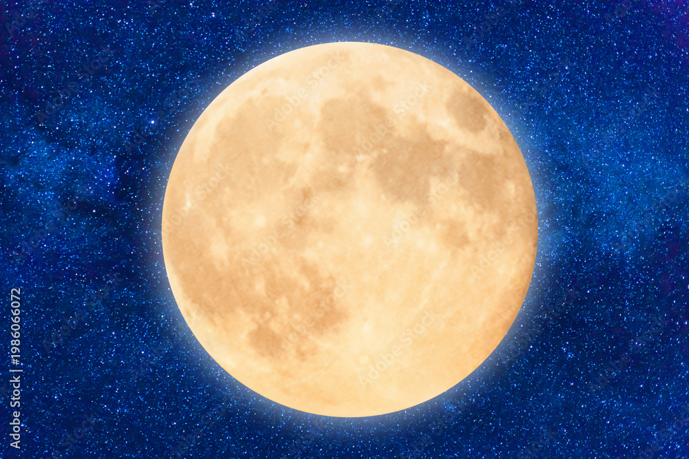 Fototapeta premium Full orange moon on dark blue night sky with many stars, Moon Artemis program concept