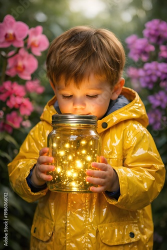 portrait of a toddler boy wearing a yellow raincoat with glossy reflections