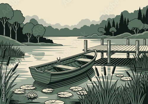 Retro Vector Illustration of a Wooden Rowboat on a Calm Lake with a Pier and Lily Pads in a Serene Forest Landscape